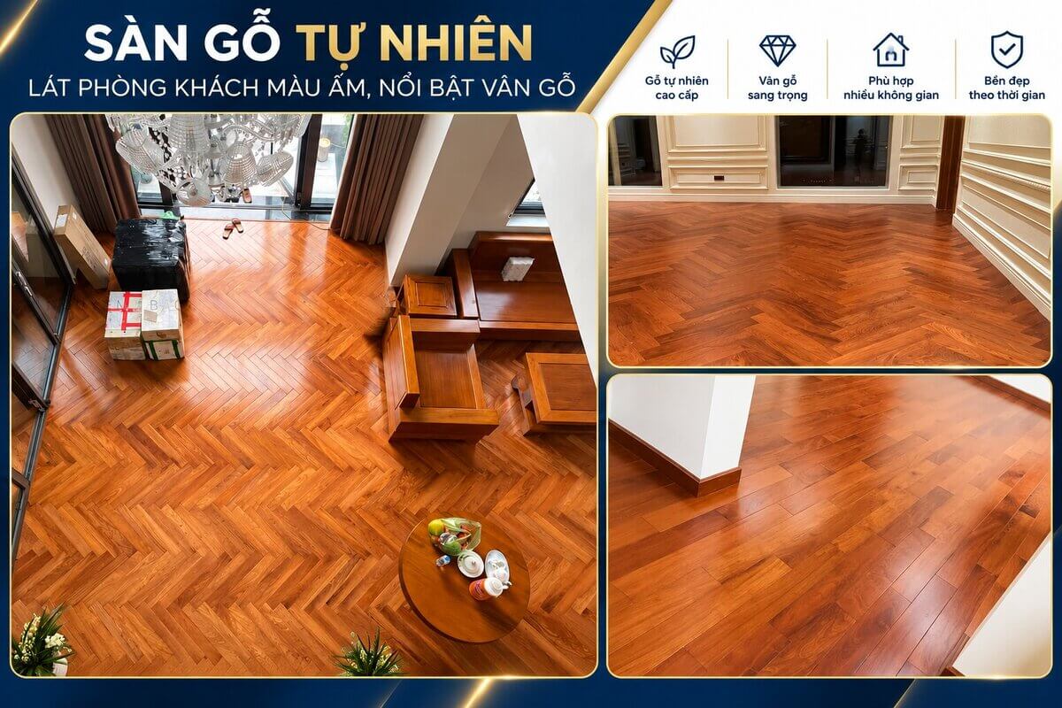 Sàn gỗ tự nhiên vân thật lát phòng khách nhà phố