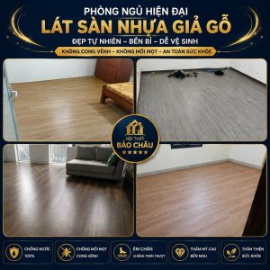Phòng ngủ hiện đại lát sàn nhựa giả gỗ màu óc chó, giường gỗ, ánh sáng ấm