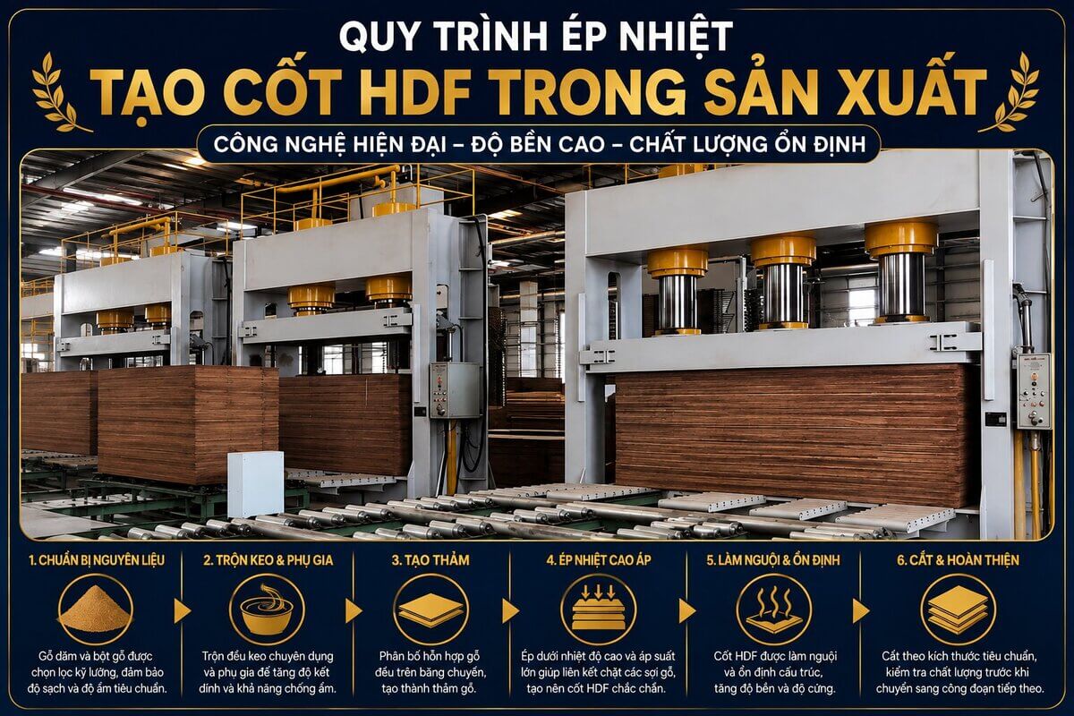 quy trình ép nhiệt tạo cốt HDF trong sản xuất sàn gỗ công nghiệp