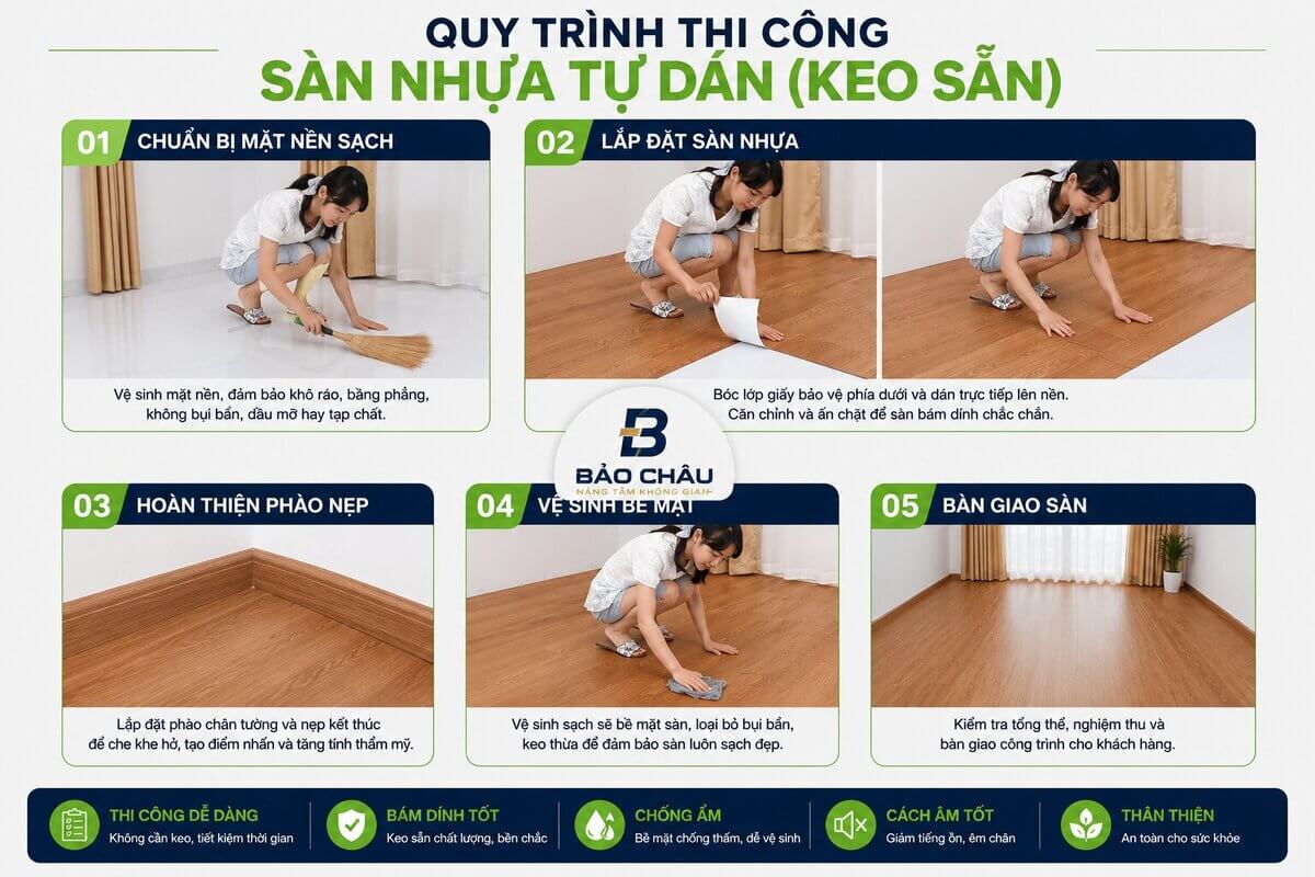 quy trình thi công sàn nhựa dán keo sẵn