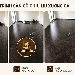 Không gian lắp sàn gỗ xương cá chiu liu