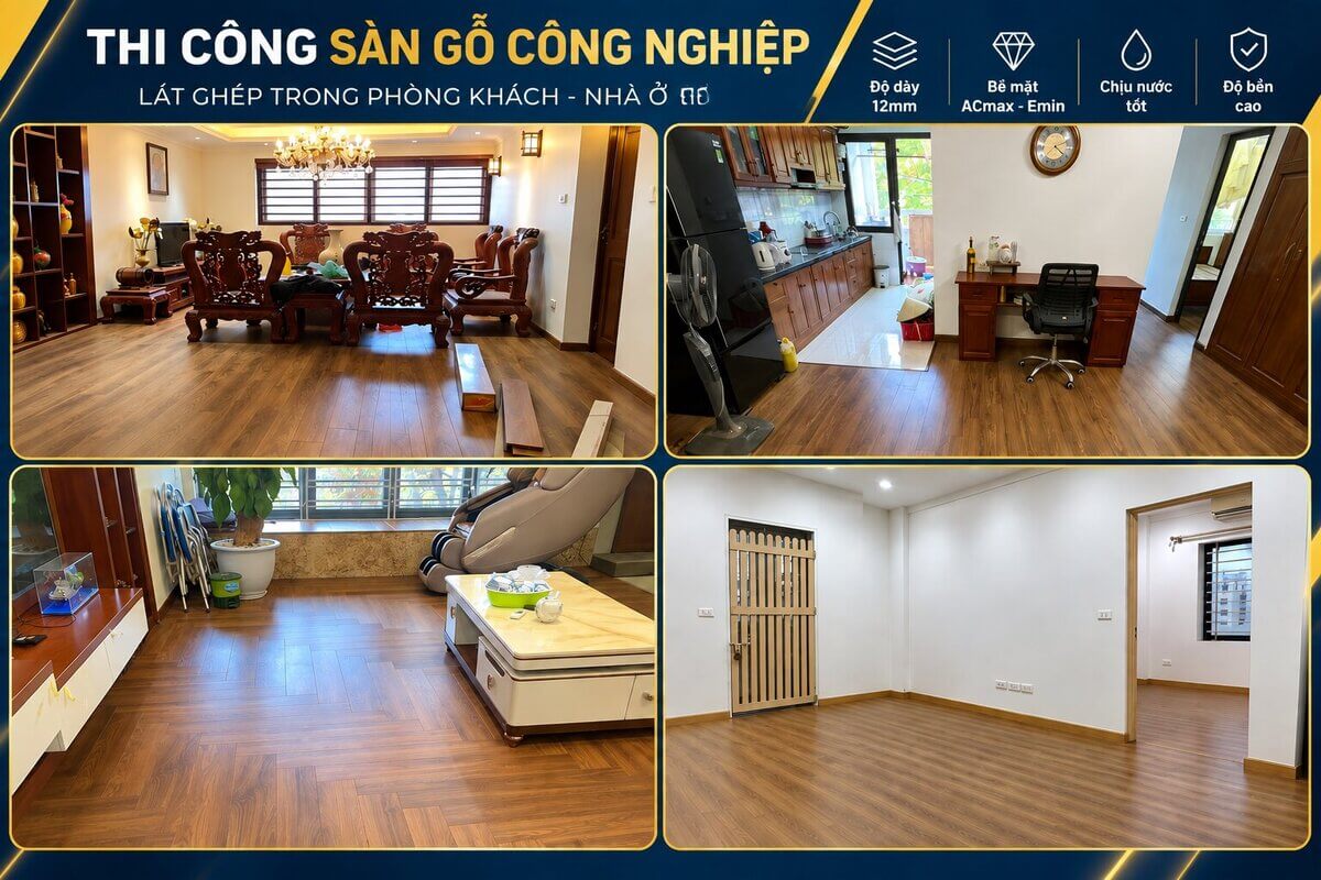 Lắp ghép sàn gỗ công nghiệp phòng khách