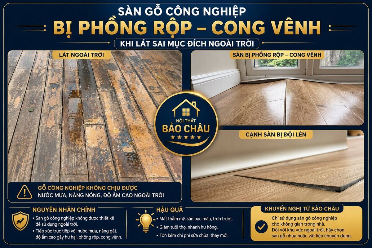 sàn gỗ công nghiệp bị phồng rộp cong vênh khi lát sai mục đích ngoài trời