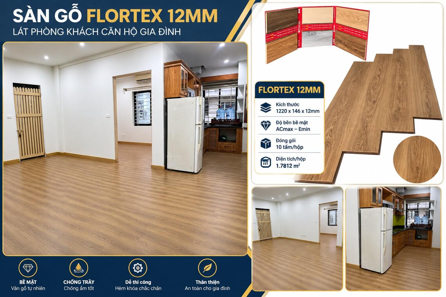 Sàn gỗ Flortex lát phòng khách căn hộ