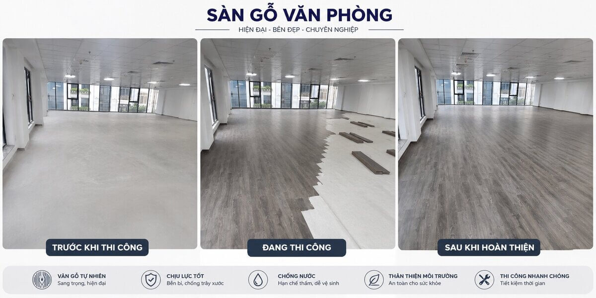 không gian sàn gỗ công nghiệp văn phòng
