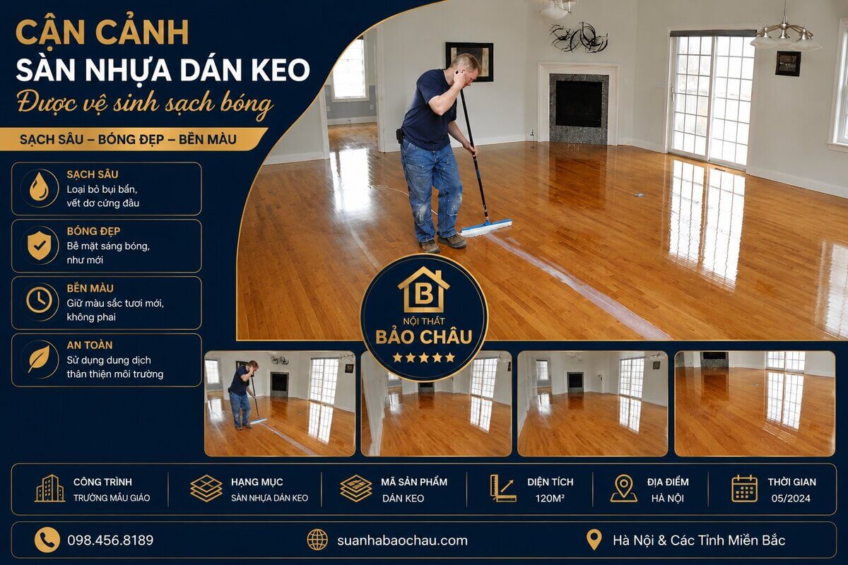 Cận cảnh sàn nhựa dán keo được vệ sinh sạch bóng