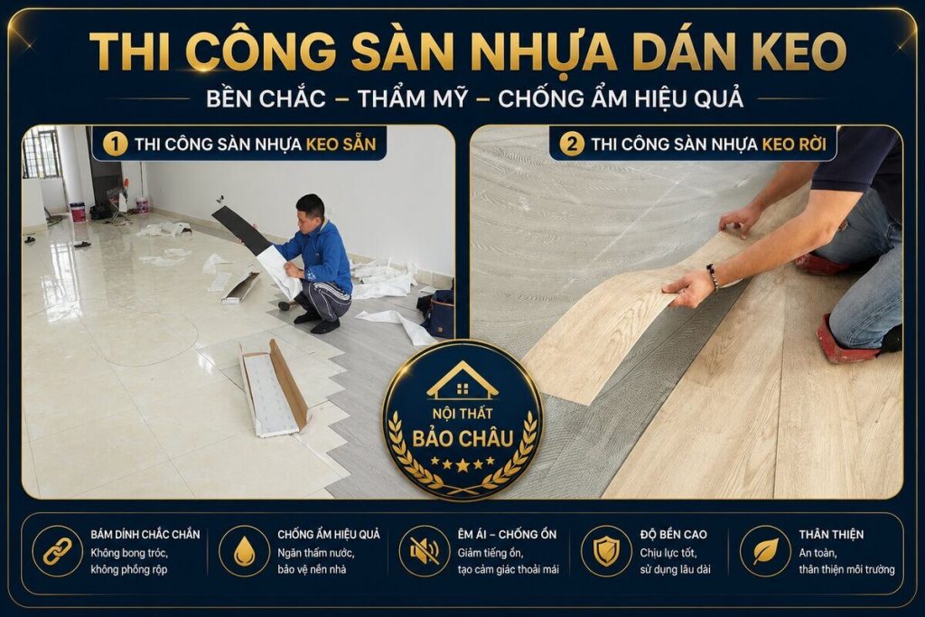 Thi công dán sàn nhựa giả gỗ bằng keo chuyên dụng trên nền phẳng