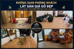 không gian phòng khách lát sàn giả gỗ đẹp