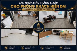 Sàn nhựa màu trắng và xám cho phòng khách nhà hiện đại
