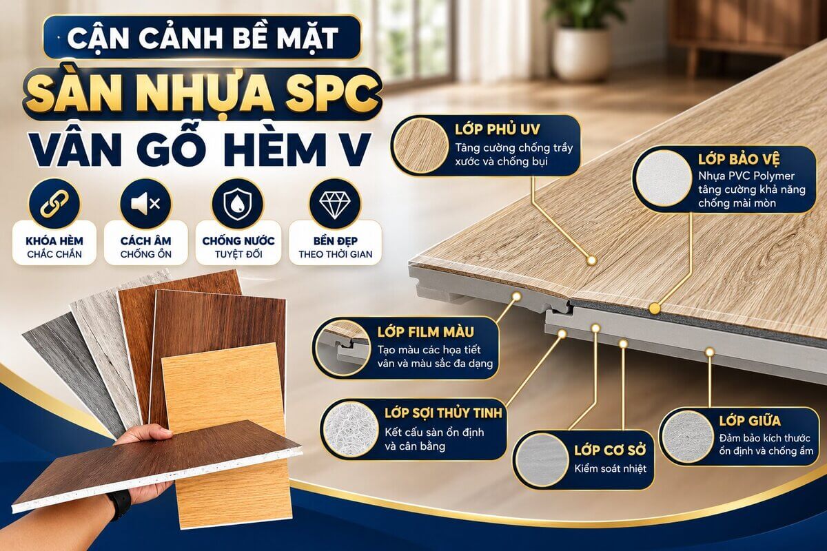 Cận cảnh bề mặt sàn nhựa SPC vân gỗ và cạnh vát