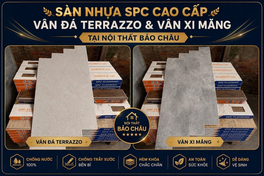 Sàn nhựa SPC vân đá terrazzo và vân xi măng theo xu hướng vật liệu ốp lát 2026