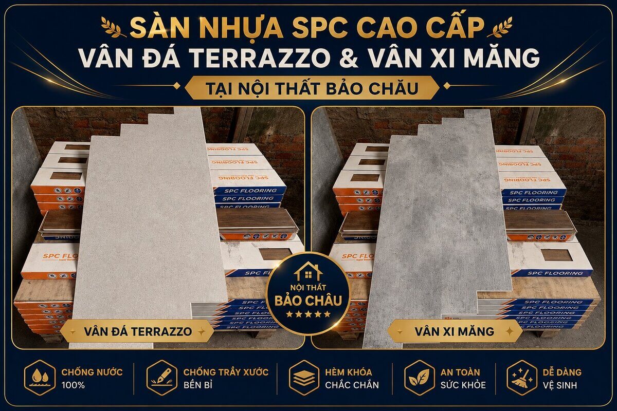 Sàn nhựa vân đá terrazzo và vân xi măng SPC tại Nội Thất Bảo Châu