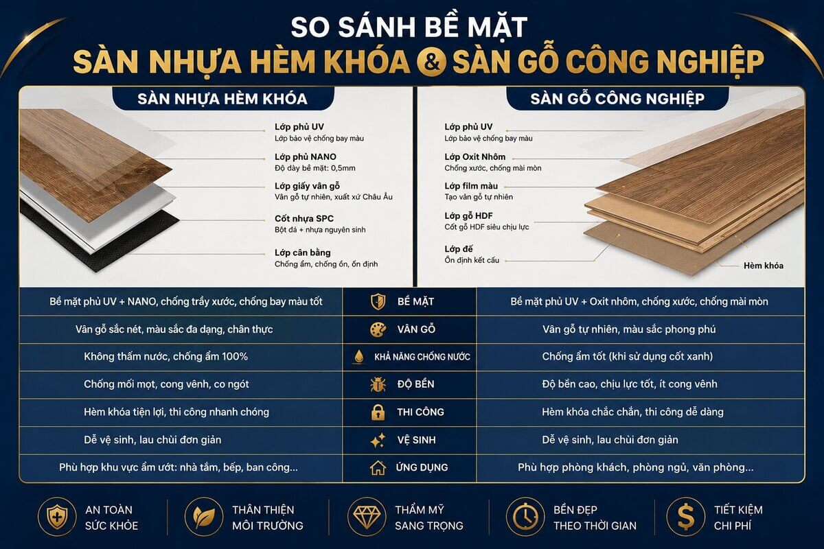 So sánh bề mặt sàn nhựa hèm khóa và sàn gỗ công nghiệp