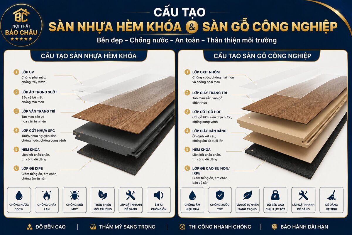 Cấu tạo sàn nhựa hèm khóa và sàn gỗ công nghiệp