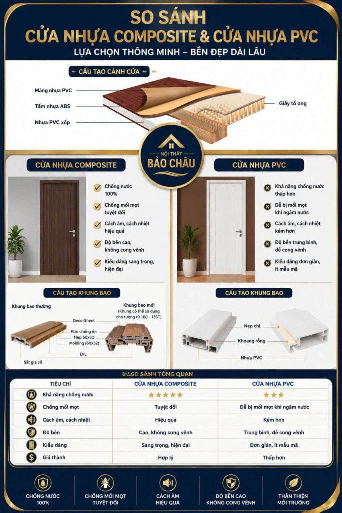 so sánh cửa nhựa composite và cửa nhựa PVC đặt cạnh nhau