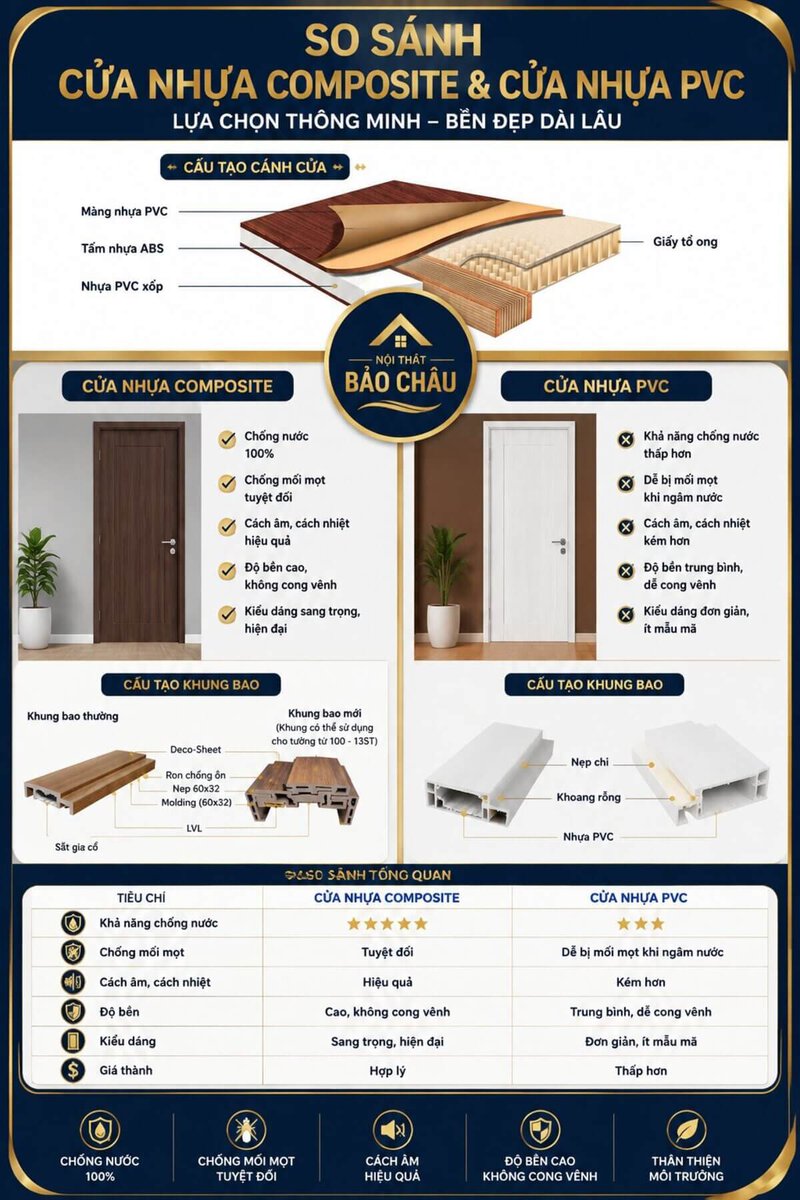 so sánh cửa nhựa composite và cửa nhựa PVC đặt cạnh nhau tại showroom
