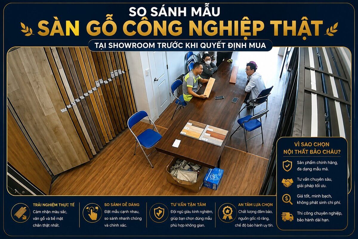 so sánh mẫu sàn gỗ công nghiệp thật tại showroom trước khi quyết định mua