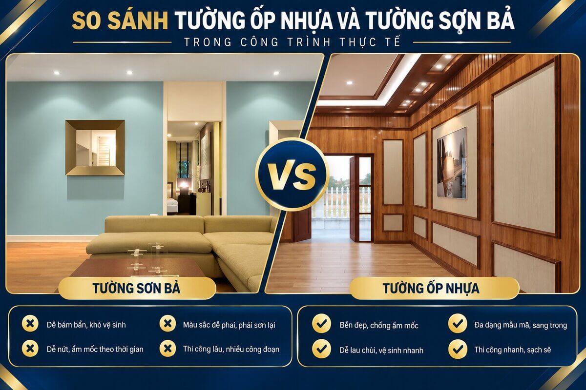 So sánh tường ốp nhựa và tường sơn bả trong công trình thực tế
