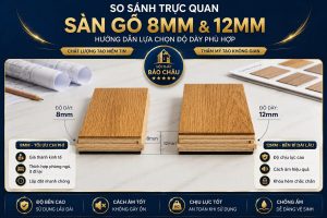 So sánh trực quan hai tấm sàn gỗ 8mm và 12mm đặt cạnh nhau kèm thước đo