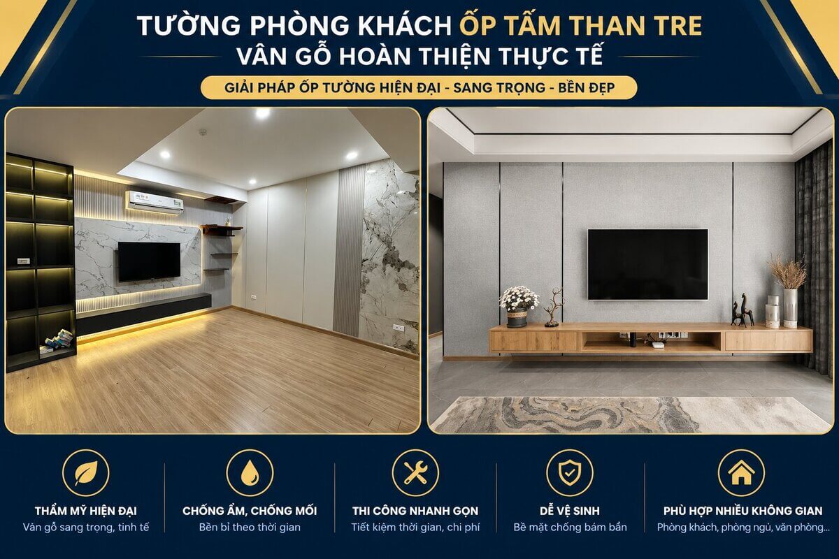 Không gian phòng khách hoàn thiện ốp tường và trần bằng tấm ốp than tre vân gỗ
