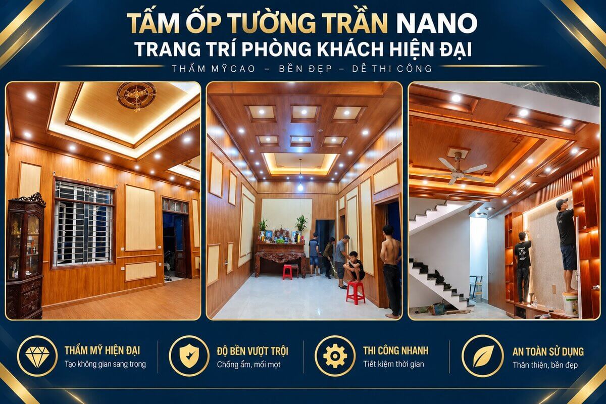 Tấm ốp tường trần nano trang trí phòng khách hiện đại