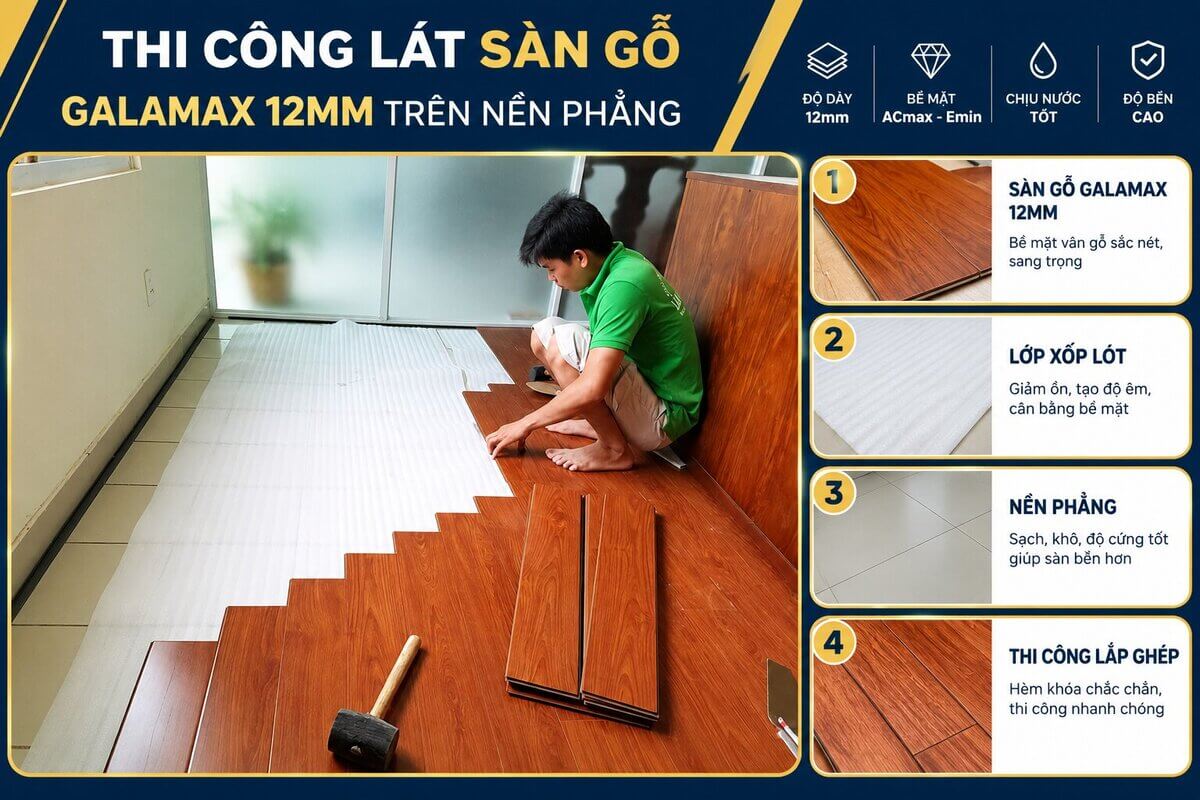 Thi công lát sàn gỗ Galamax trên nền phẳng