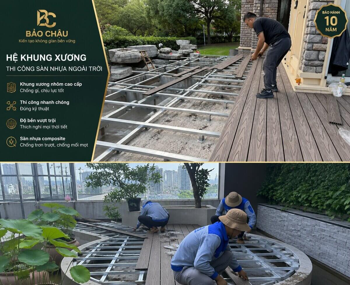 Cận cảnh bề mặt 3D chống trơn của sàn gỗ nhựa ngoài trời màu ghi sáng