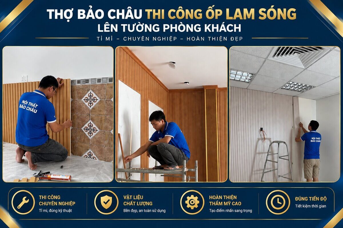 Thợ Bảo Châu thi công tấm ốp lam sóng lên tường