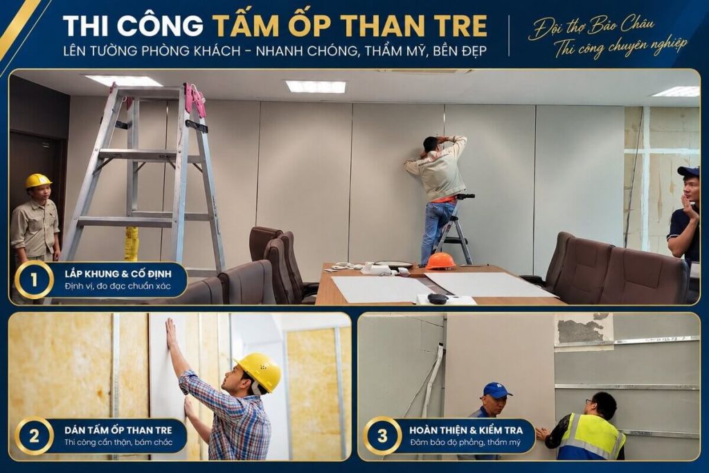 Thợ Bảo Châu đang thi công dán tấm ốp than tre lên tường phòng khách