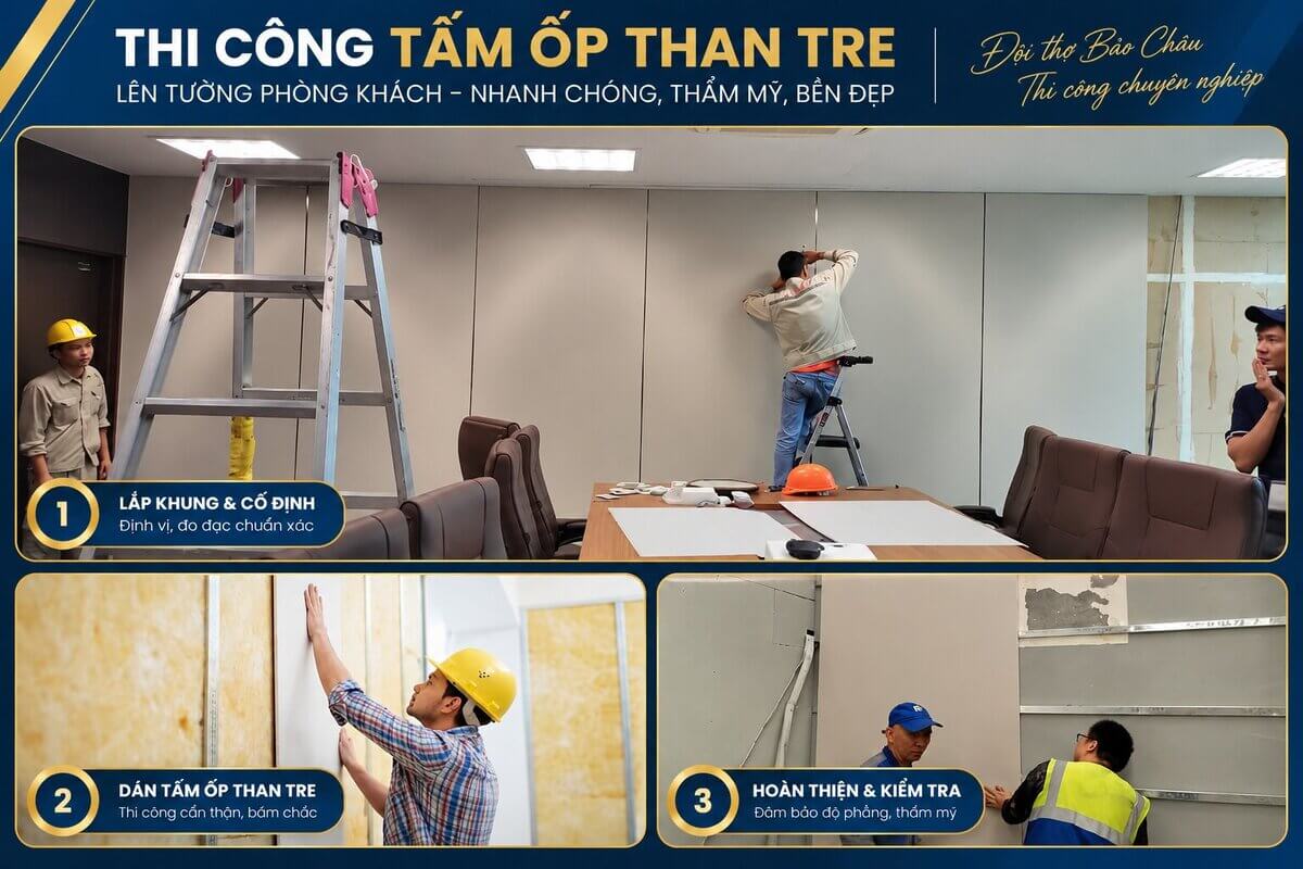 Thợ Bảo Châu thi công dán tấm ốp than tre lên tường phòng khách