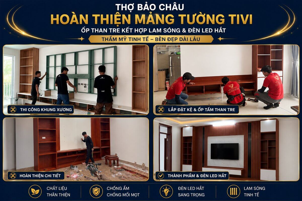 Thợ Bảo Châu hoàn thiện mảng tường tivi ốp than tre kết hợp lam sóng và đèn LED hắt