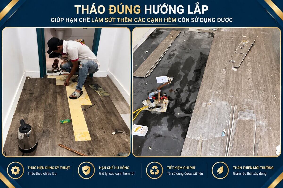 Thợ tháo kiểm tra tấm sàn nhựa hèm khóa tại khu vực bị hở khe