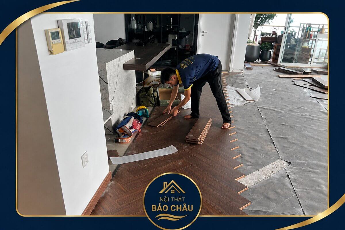 Thợ Bảo Châu lắp đặt sàn gỗ xương cá cho biệt thự 120m2