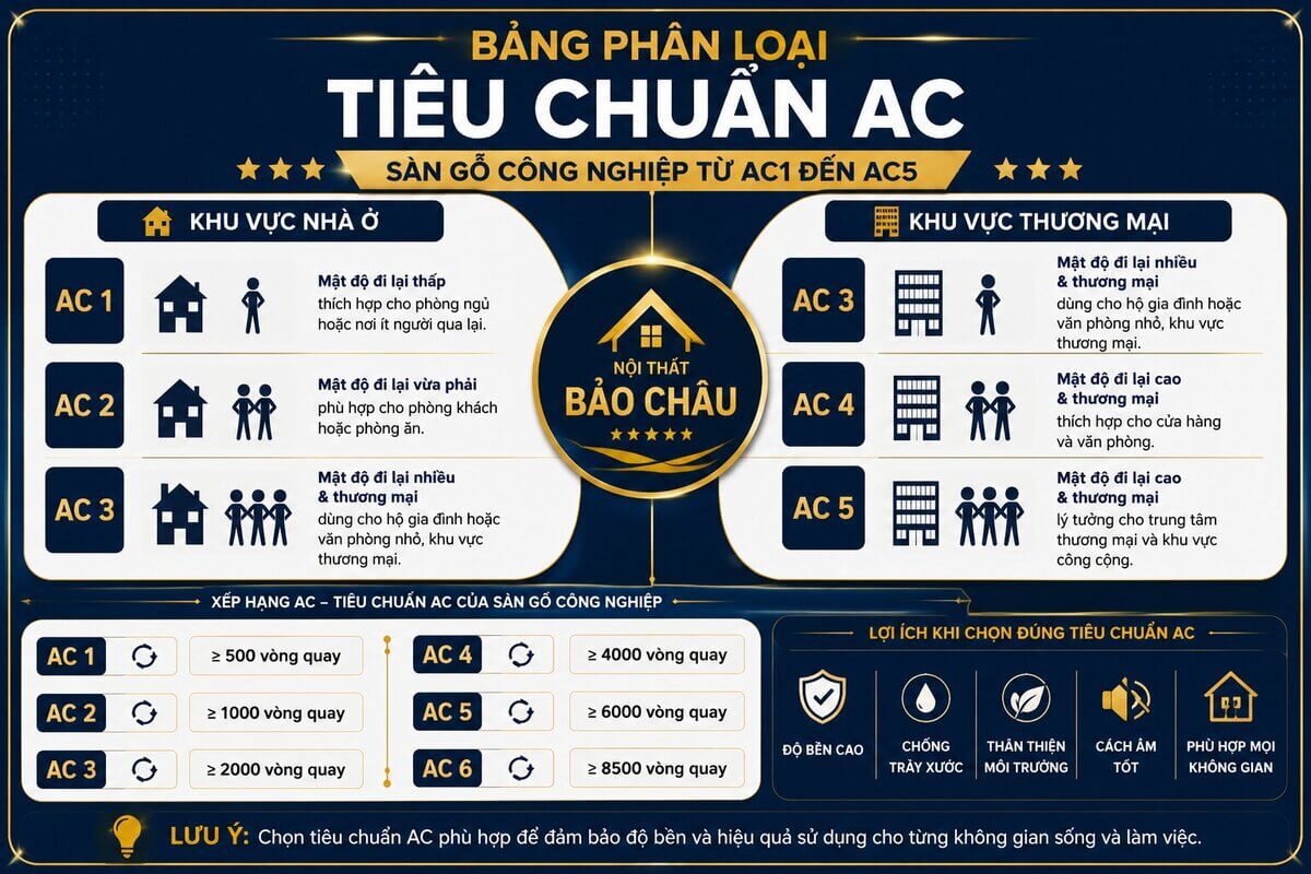 bảng phân loại tiêu chuẩn AC sàn gỗ công nghiệp từ AC1 đến AC5