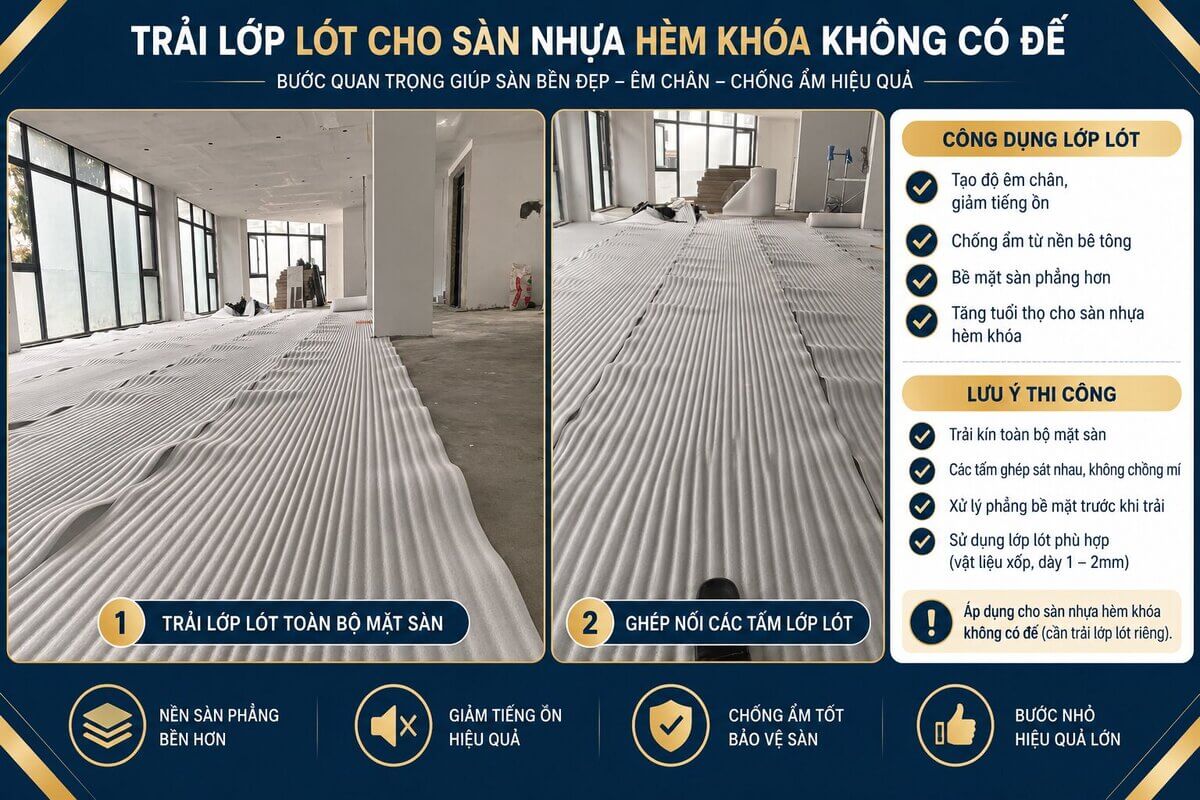 Trải lớp lót cho sàn nhựa hèm khóa không có đế
