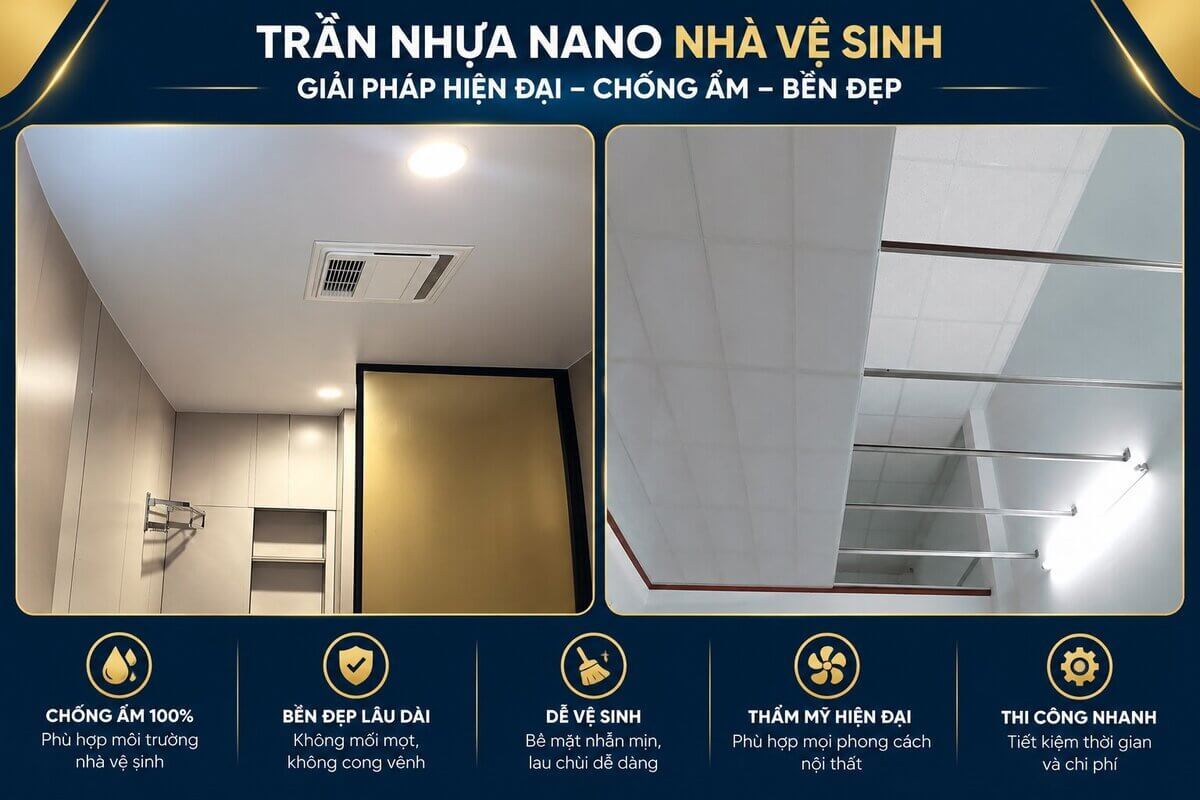 Trần nhựa nano phẳng lắp cho nhà tắm, khu vực dễ ẩm