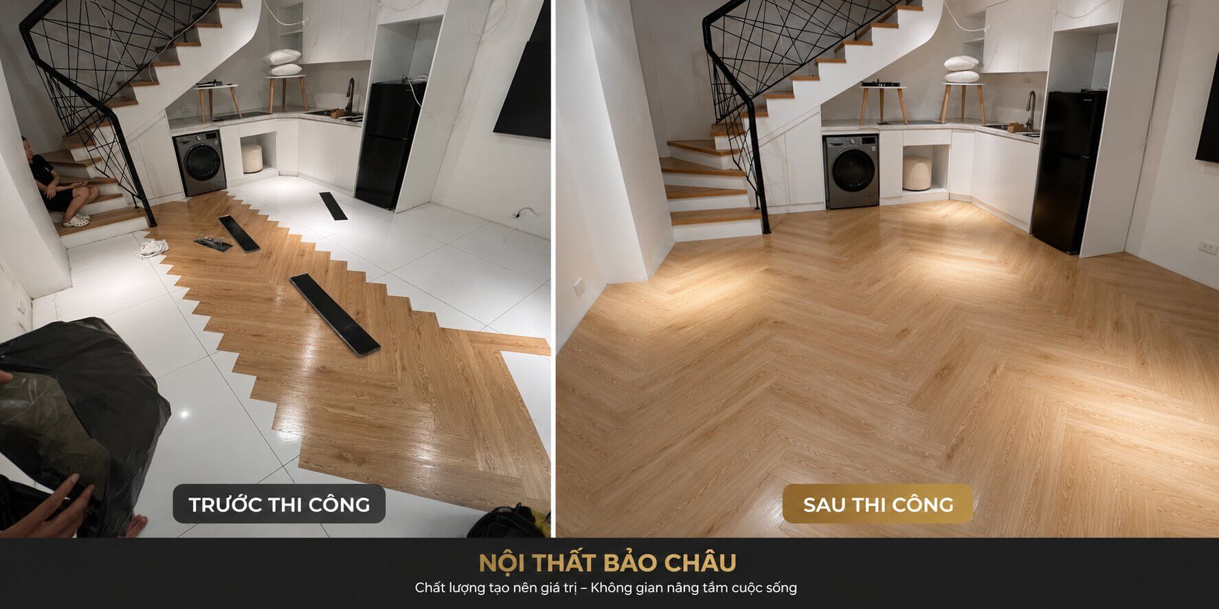 trước sau cải tạo sàn nhựa giả gỗ chung cư Hà Nội Nội Thất Bảo Châu