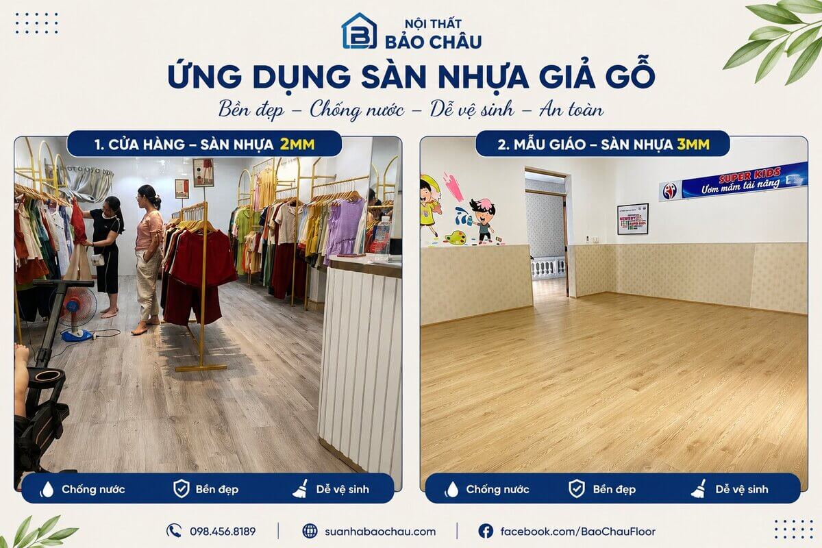 ứng dụng độ dày sàn nhựa giả gỗ trong cửa hàng, nhà trẻ