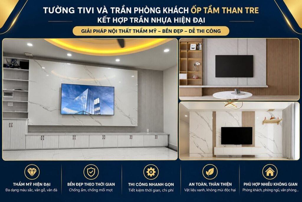 Tường tivi và trần phòng khách ốp than tre kết hợp trần nhựa