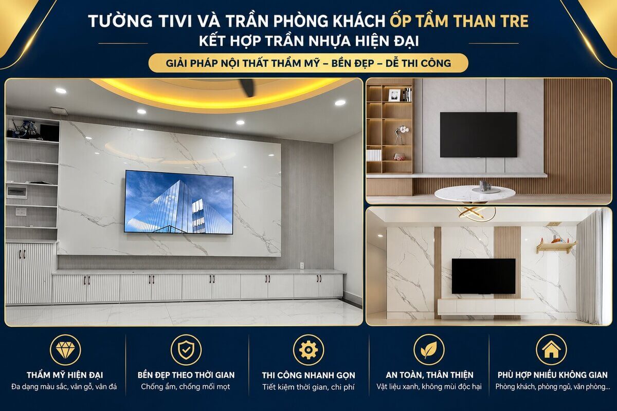 trực quan hoặc góc phòng khách ốp tấm than tre vân gỗ làm tường tivi