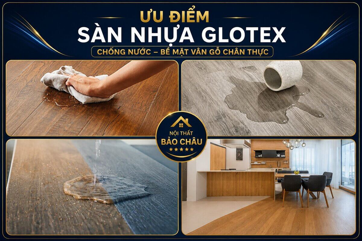 Ưu điểm sàn nhựa Glotex chống nước, bề mặt vân gỗ chân thực