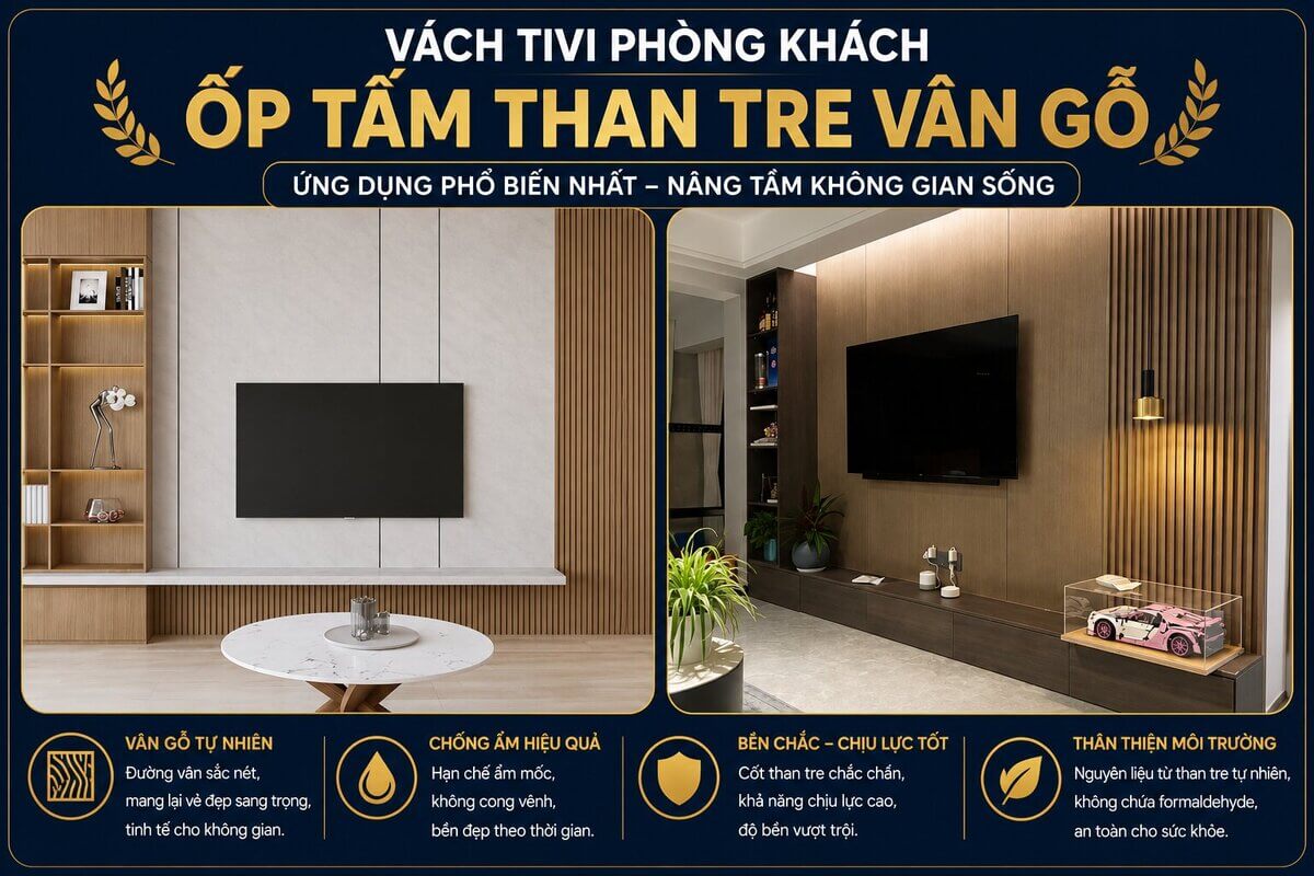 vách tivi phòng khách ốp tấm than tre vân gỗ, ứng dụng phổ biến nhất
