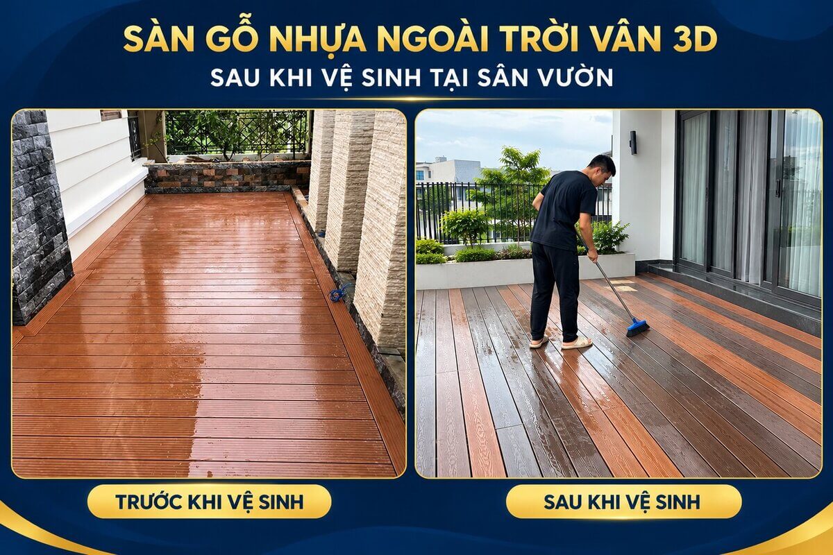 Sàn gỗ nhựa ngoài trời vân 3D sau khi vệ sinh tại sân vườny