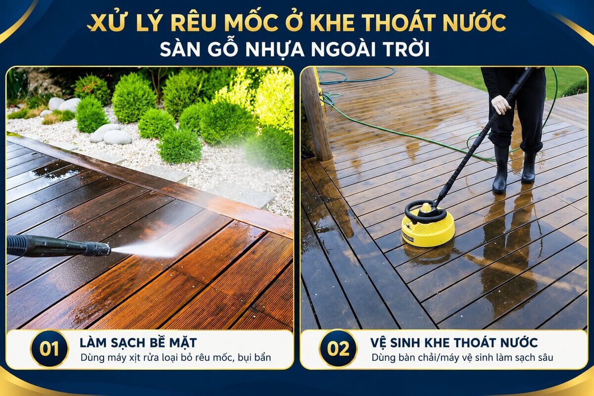 Xử lý rêu mốc ở khe thoát nước sàn gỗ nhựa ngoài trời