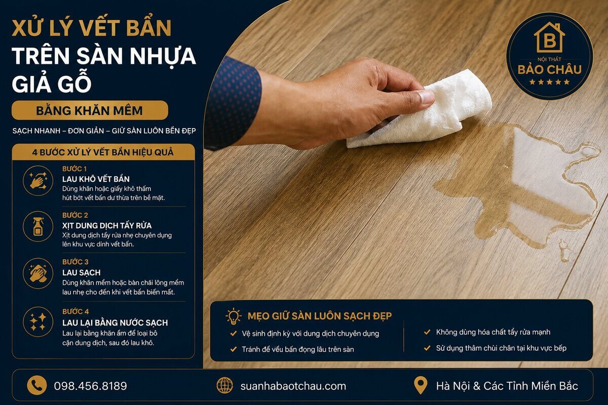 Xử lý vết bẩn trên sàn nhựa giả gỗ bằng khăn mềm