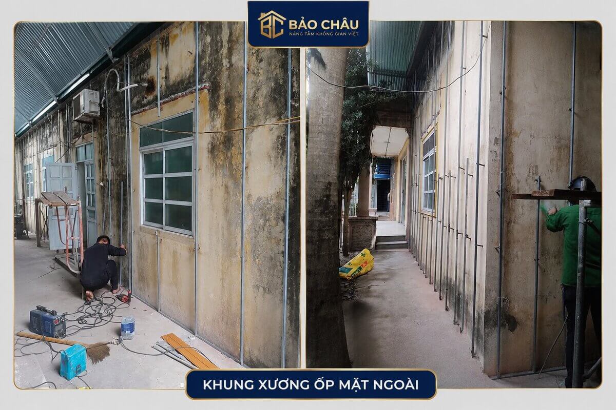 Thi công khung xương thép hộp cho tấm ốp lam sóng ngoài trời